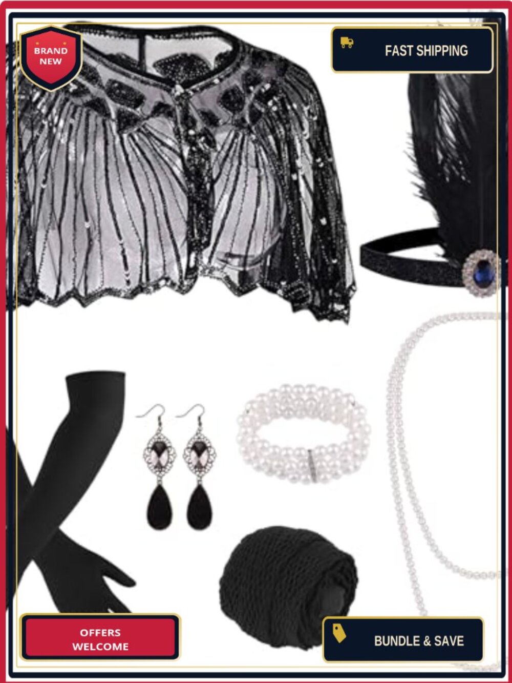1920s Flapper Costume Accessory Set 10 Piece Gatsby Party